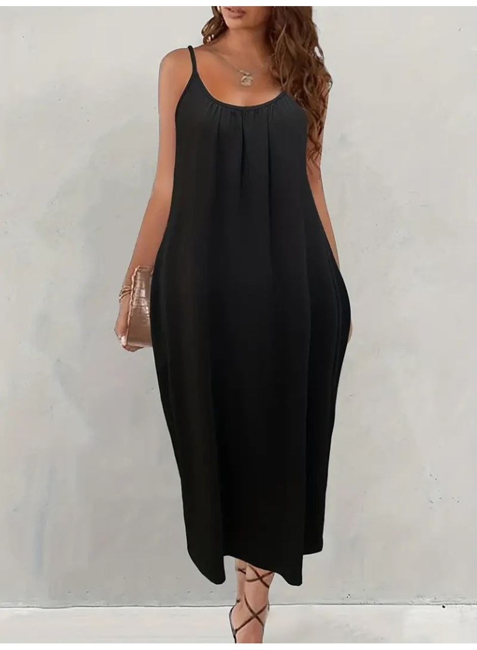 Kadın Ip Askılı Geniş V Yakalı Viskon Elbise