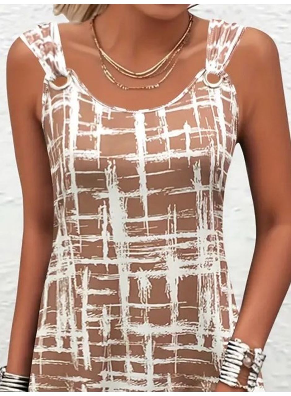 Kadın Askılı Kuş Gözü Detaylı Desenli Süprem Elbise