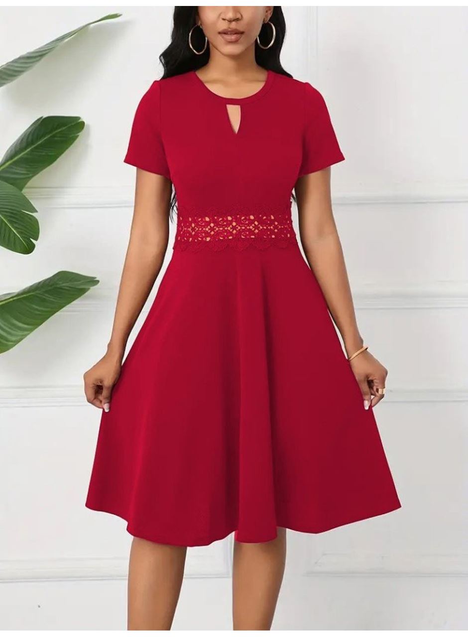 Kadın Kısa Kollu Yuvarlak Yaka Damla Detaylı Janjan Elbise