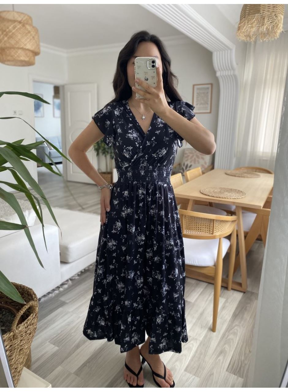 Kadın Kısa Kollu Kruvaze Yakalı Beli Lastikli çiçek Desenli Elbise