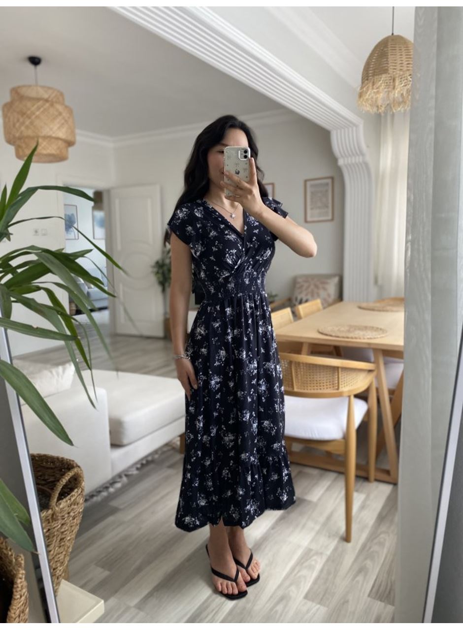 Kadın Kısa Kollu Kruvaze Yakalı Beli Lastikli çiçek Desenli Elbise