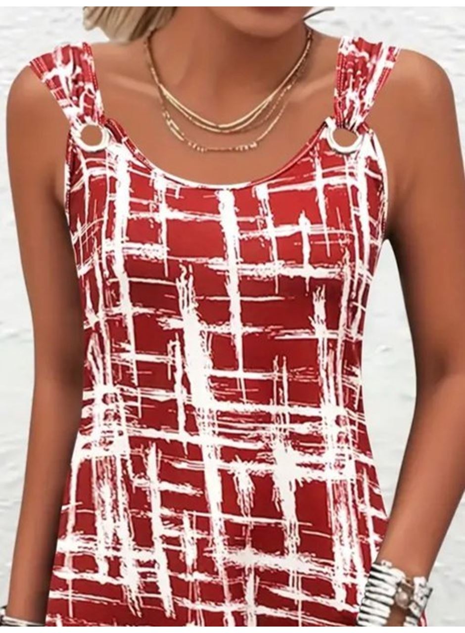 Kadın Askılı Kuş Gözü Detaylı Desenli Süprem Elbise