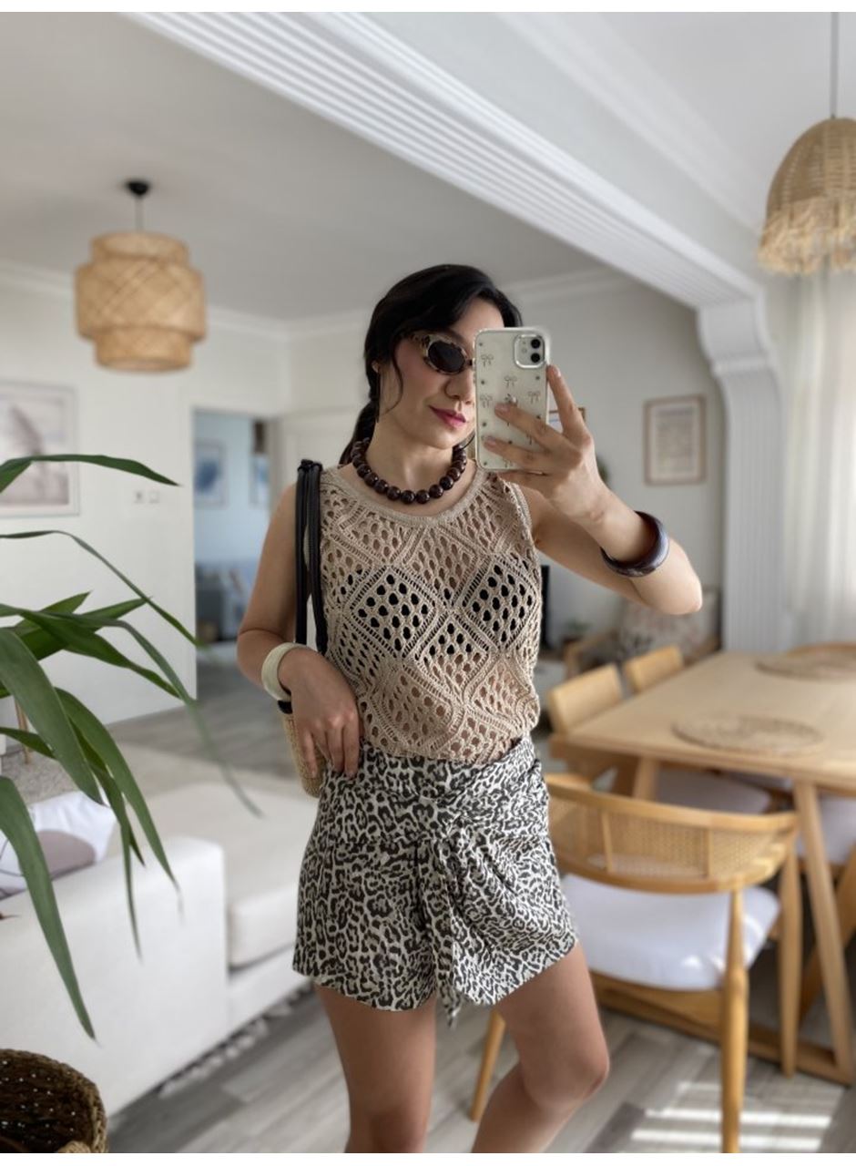 Kadın Askılı Yuvarlak Yaka Geometrik Desenli Triko Bluz