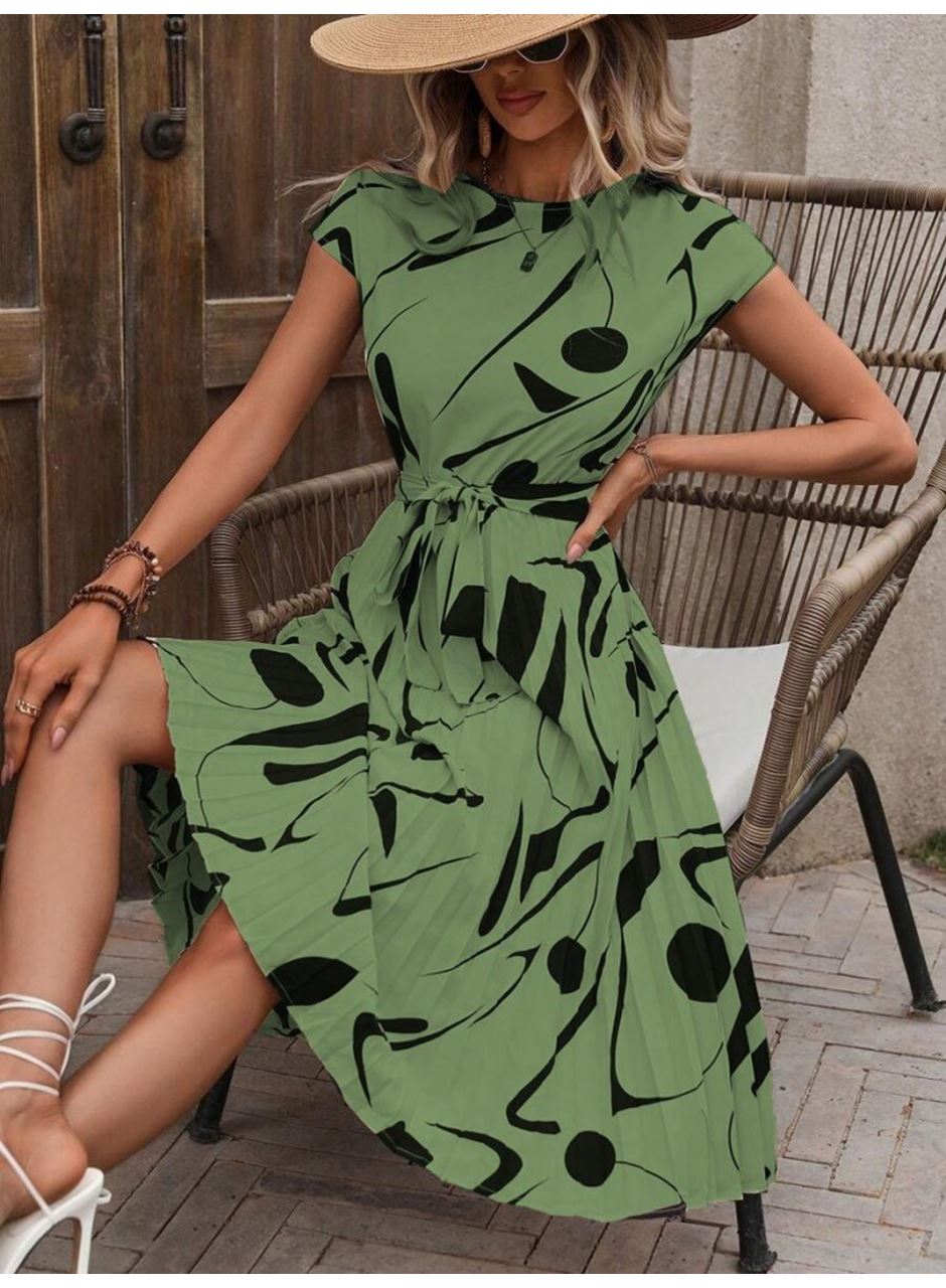 Kadın Kısa Yarasa Kollu Yuvarlak Yaka Beli Büzgülü Süprem Elbise