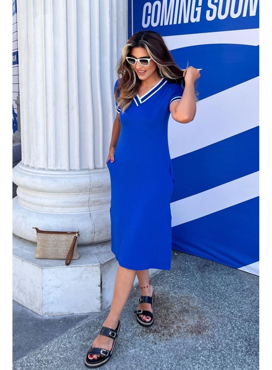 Kadın Kısa Kollu V Yaka Ve Yaka Ribana Detay Midiboy Viskon Elbise