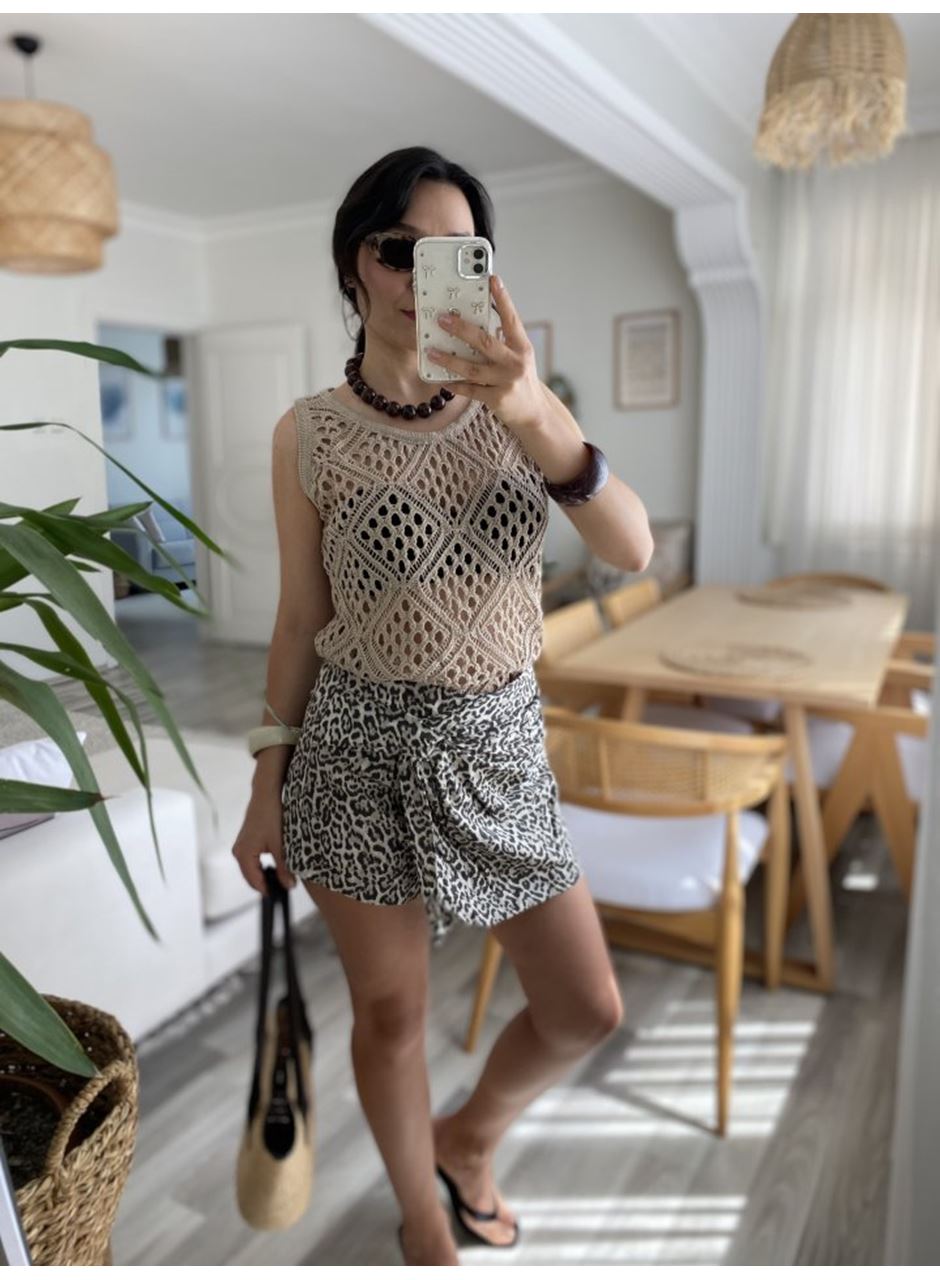 Kadın Askılı Yuvarlak Yaka Geometrik Desenli Triko Bluz