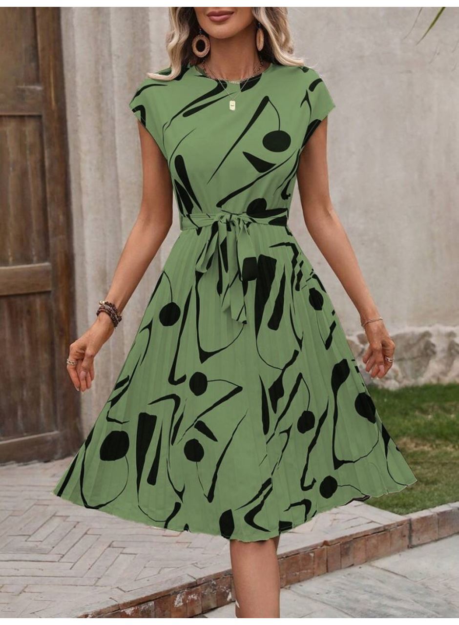 Kadın Kısa Yarasa Kollu Yuvarlak Yaka Beli Büzgülü Süprem Elbise