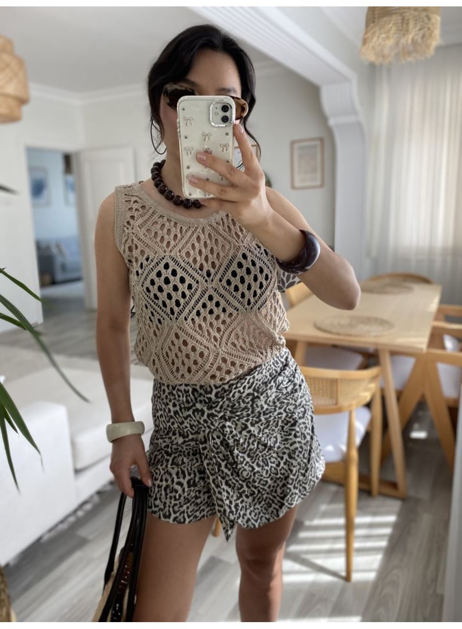 Kadın Askılı Yuvarlak Yaka Geometrik Desenli Triko Bluz