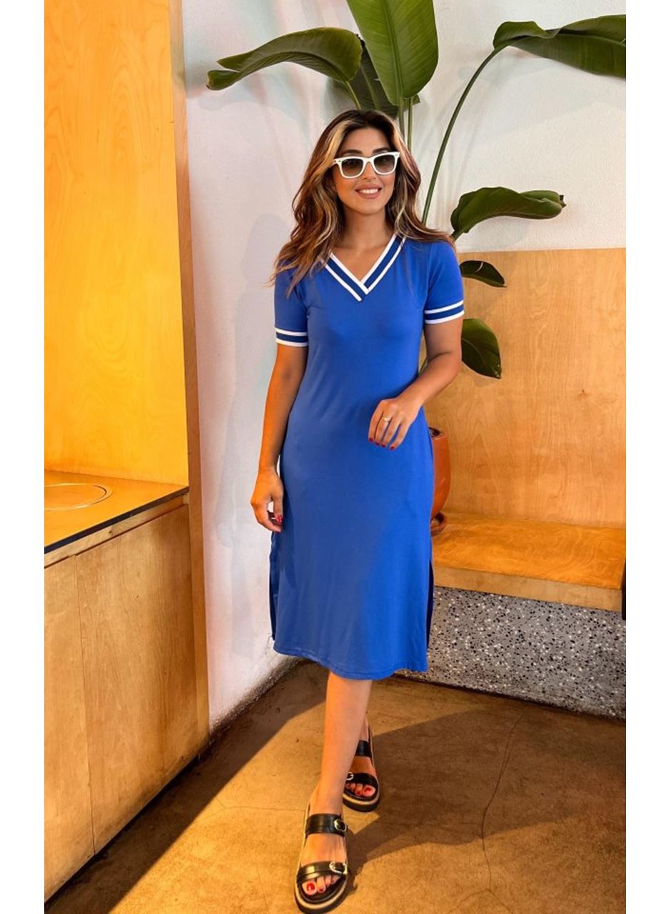 Kadın Kısa Kollu V Yaka Ve Yaka Ribana Detay Midiboy Viskon Elbise