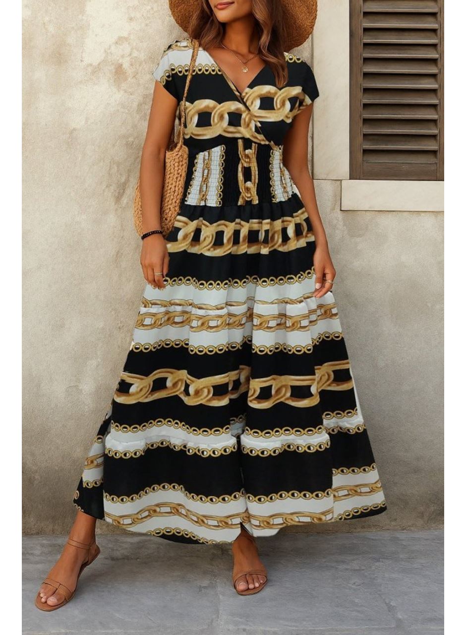 Kadın Kısa Kollu Kruvaze Yaka Beli Lastikli Süprem Maksi Boy Elbise