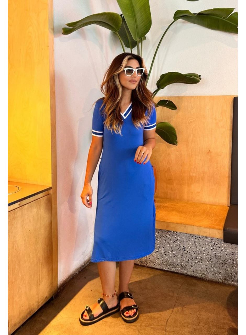 Kadın Kısa Kollu V Yaka Ve Yaka Ribana Detay Midiboy Viskon Elbise