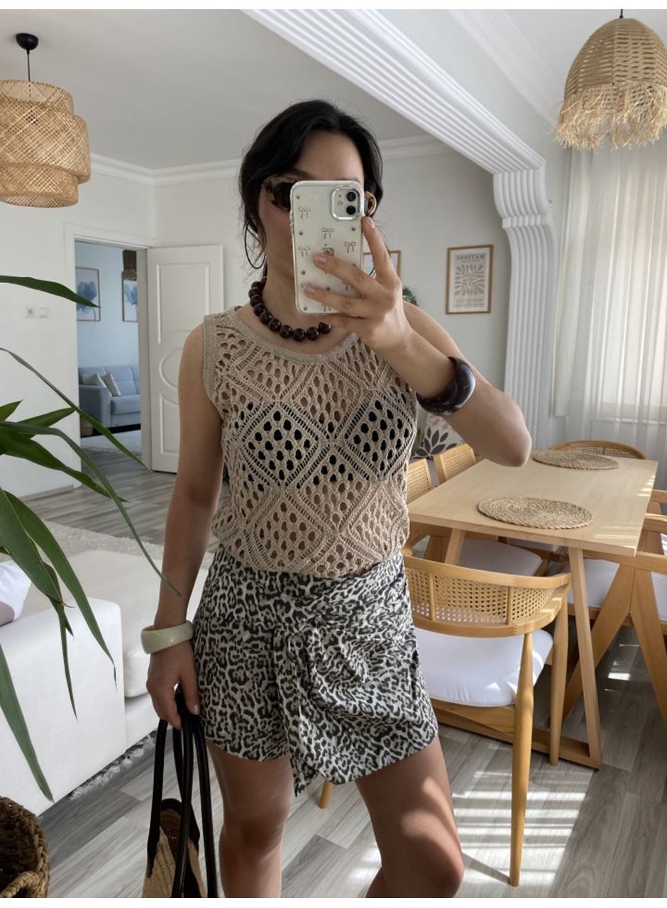 Kadın Askılı Yuvarlak Yaka Geometrik Desenli Triko Bluz