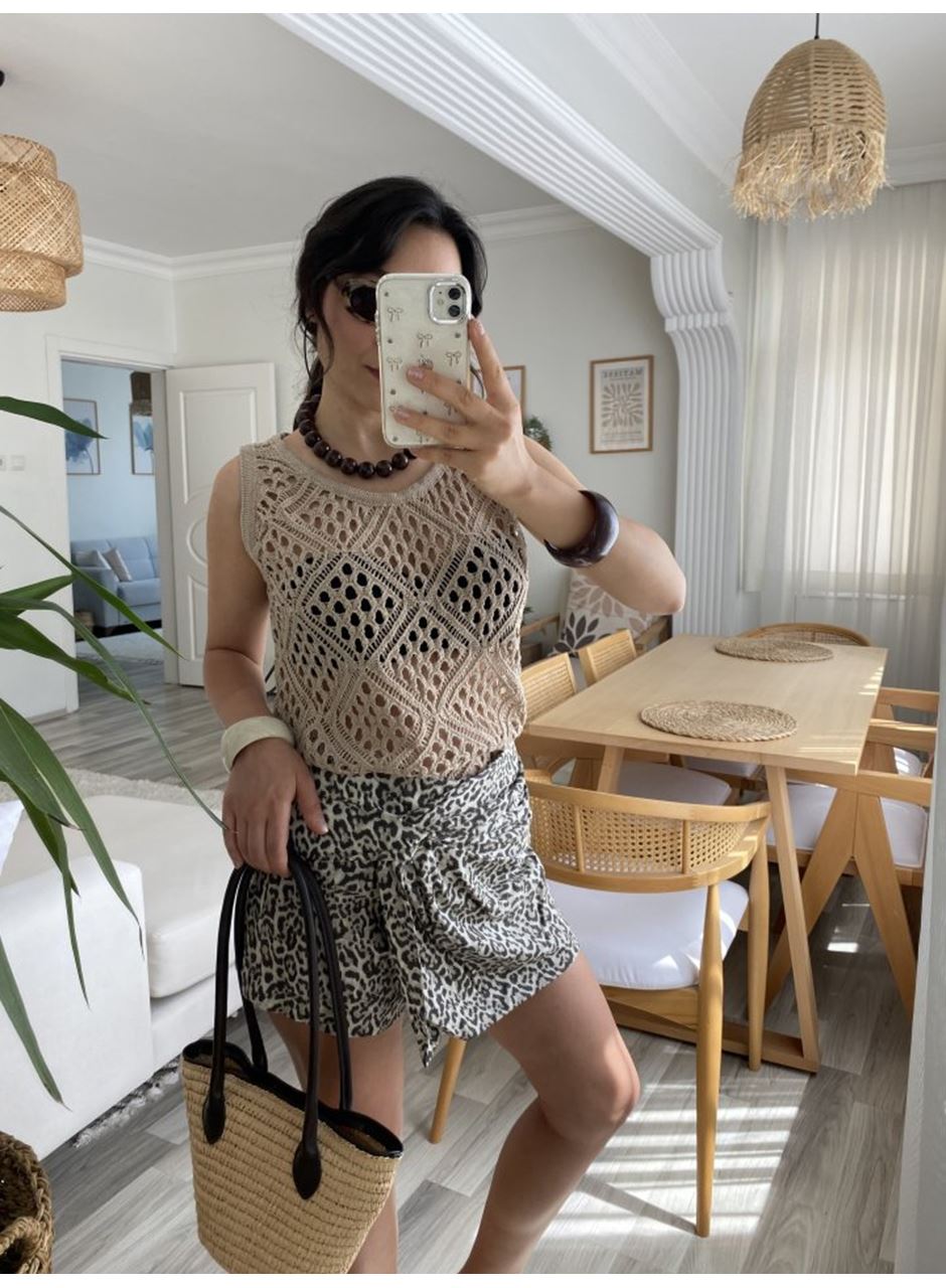 Kadın Askılı Yuvarlak Yaka Geometrik Desenli Triko Bluz