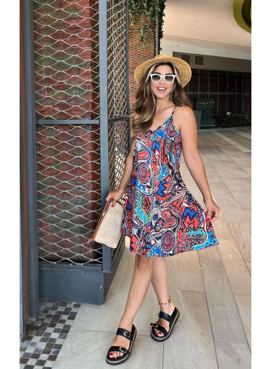 Kadın Ip Askılı V Yakalı Desenli Kısa Süprem Elbise