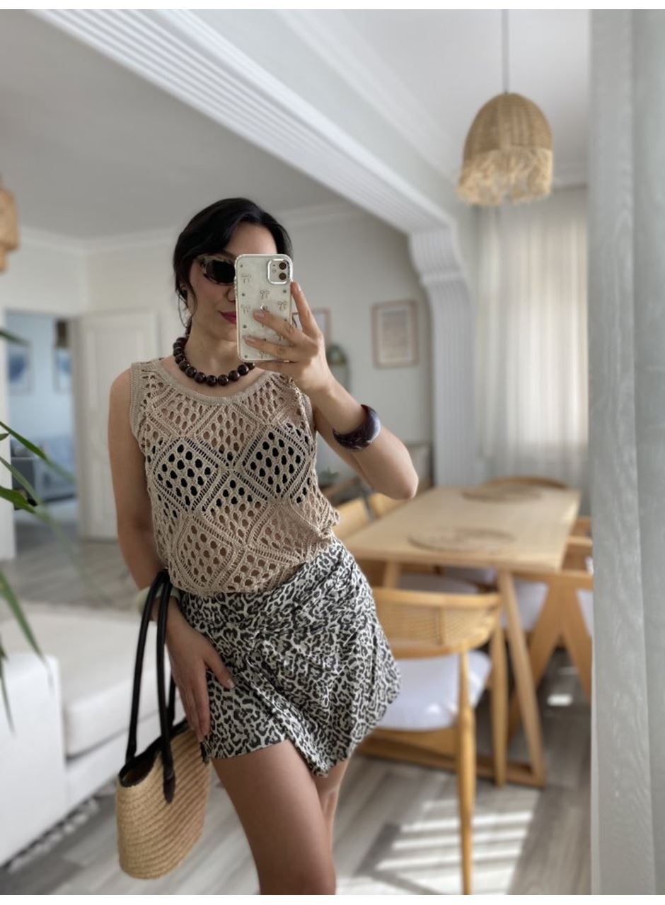 Kadın Askılı Yuvarlak Yaka Geometrik Desenli Triko Bluz