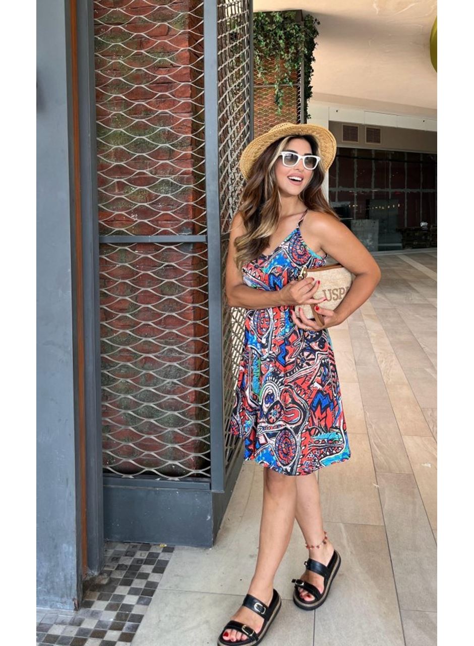 Kadın Ip Askılı V Yakalı Desenli Kısa Süprem Elbise