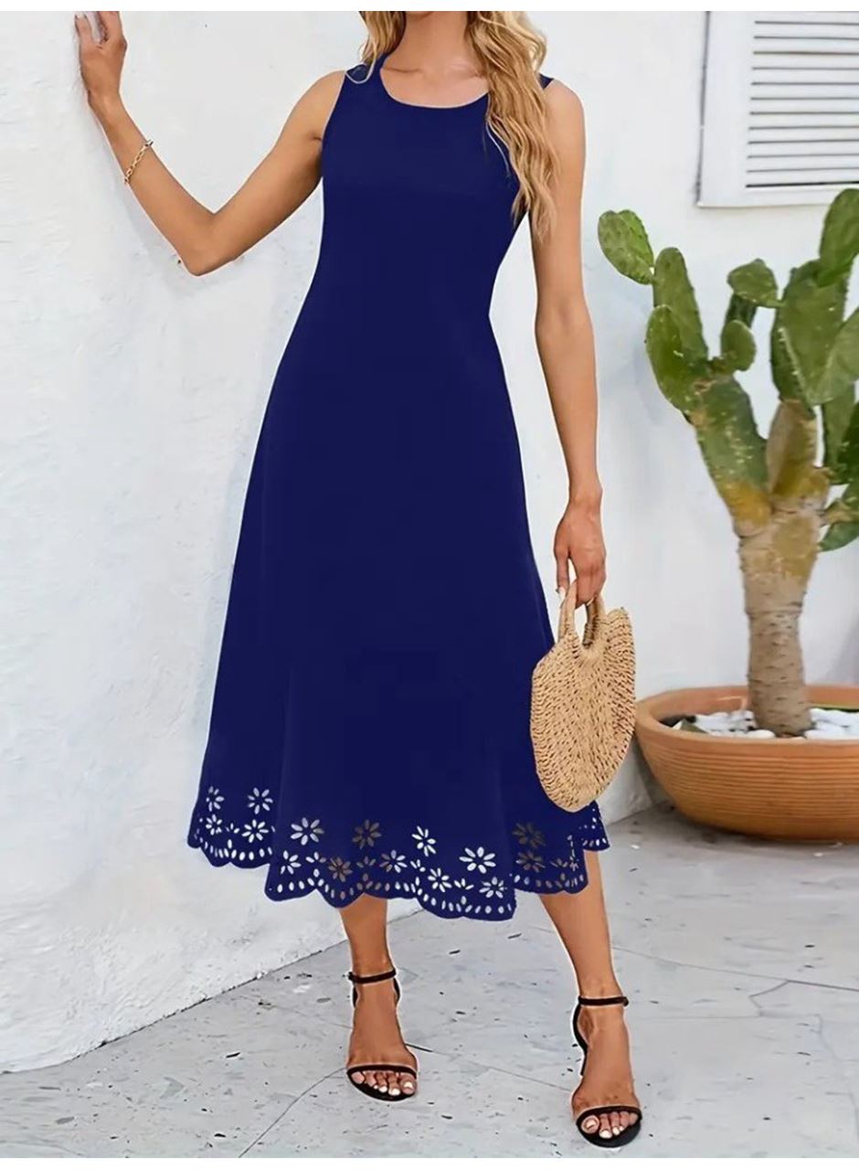 Kadın Kolsuz Etek Ucu Lazer Kesim çiçek Desenli Midi Boy Ithal Krep Elbise