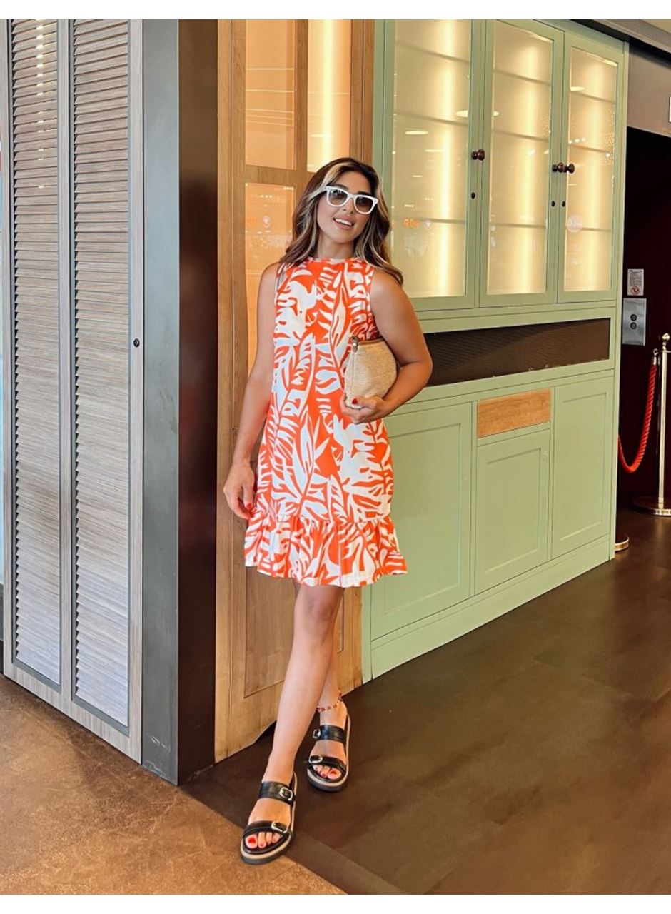 Kadın Sıfır Kollu Bisiklet Yakalı Fırfırlı Desenli Sofya Elbise