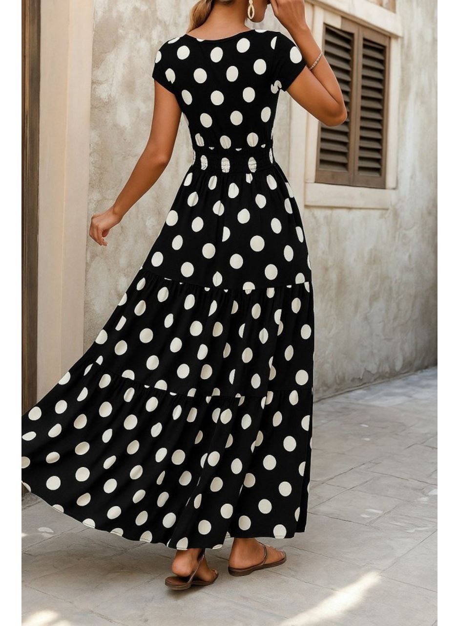 Kadın Kısa Kollu Kruvaze Yaka Beli Lastikli Süprem Maksi Boy Elbise