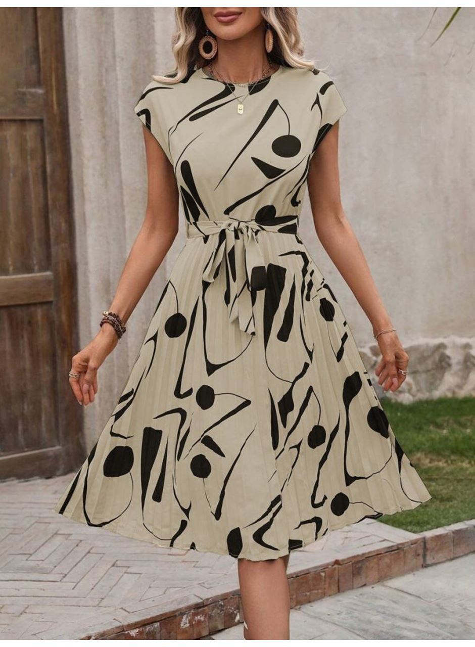 Kadın Kısa Yarasa Kollu Yuvarlak Yaka Beli Büzgülü Süprem Elbise