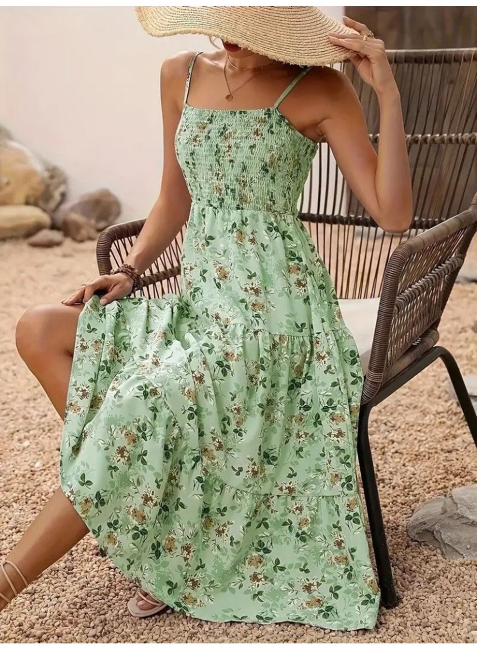 Kadın Ip Askılı Geniş V Yakalı Desenli Uzun Süprem Elbise