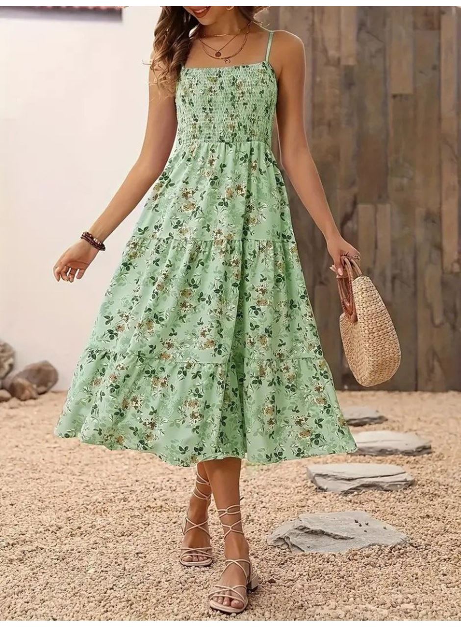 Kadın Ip Askılı Geniş V Yakalı Desenli Uzun Süprem Elbise