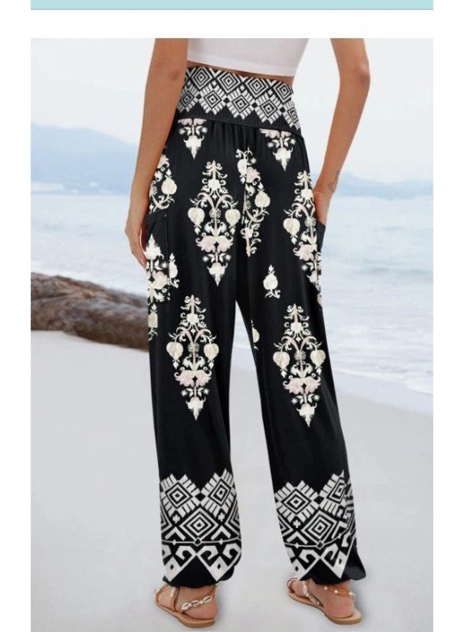 Kadın Yüksek Bel Desenli Lastikli Süprem Pantolon