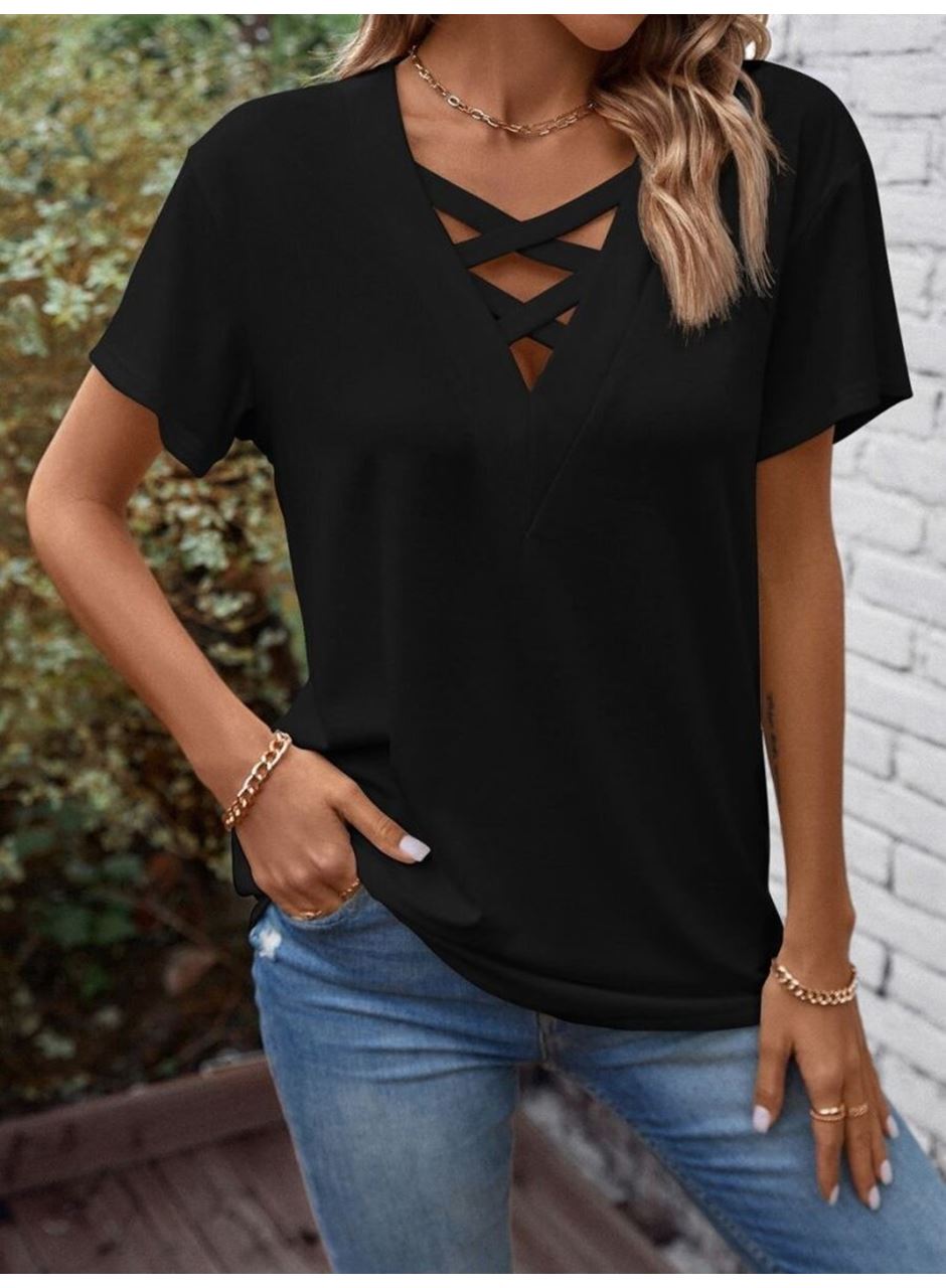 Kadın Kısa Kollu önden çapraz Detay V Yakalı Viskon Bluz