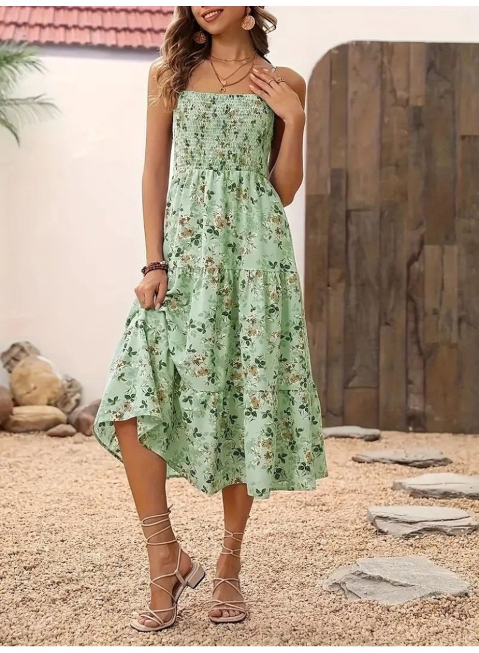 Kadın Ip Askılı Geniş V Yakalı Desenli Uzun Süprem Elbise