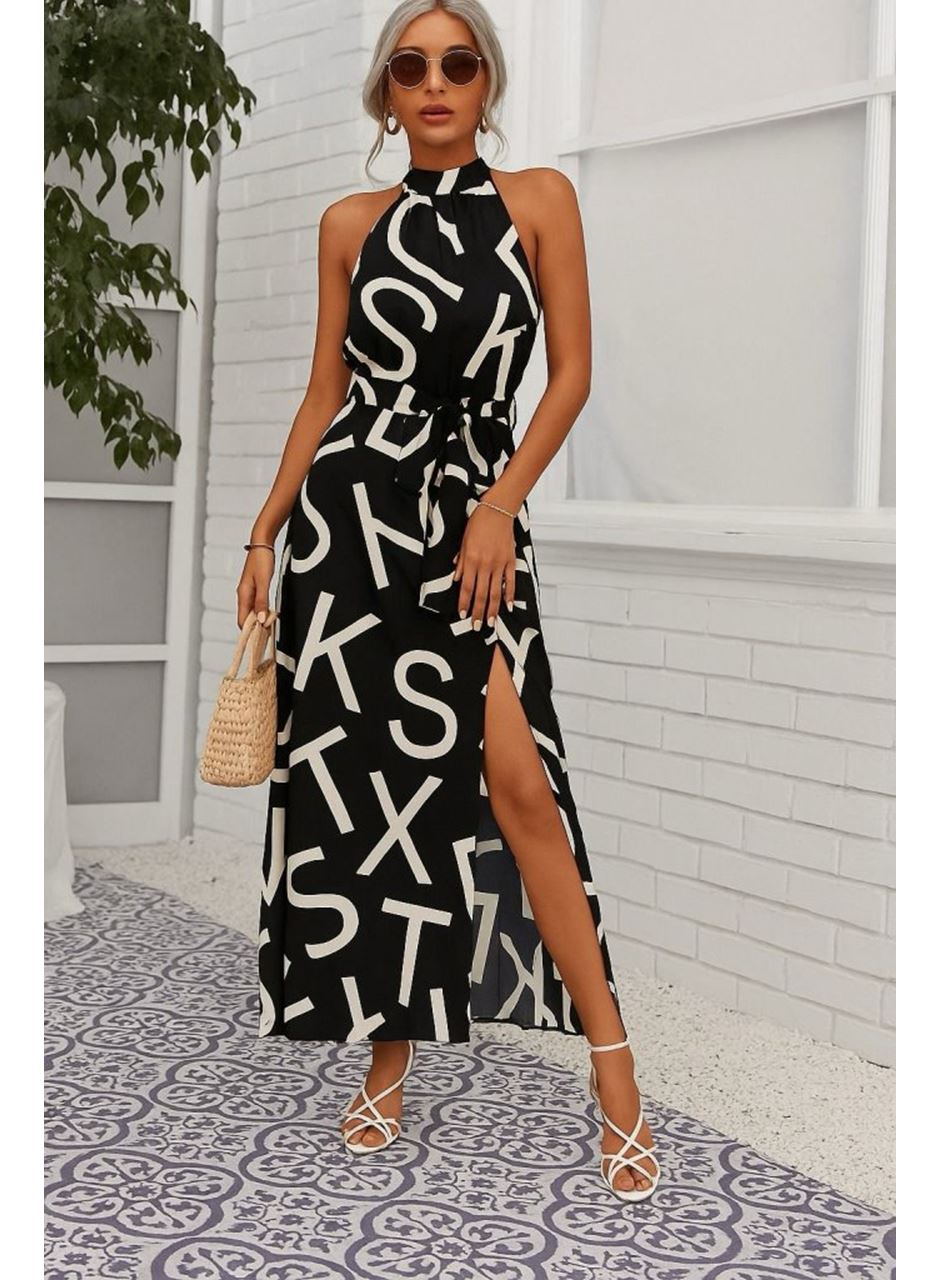 Kadın Omuzlardan Açık Halter Yakalı Yırtmaçlı çiçek Desenli Süprem Elbise