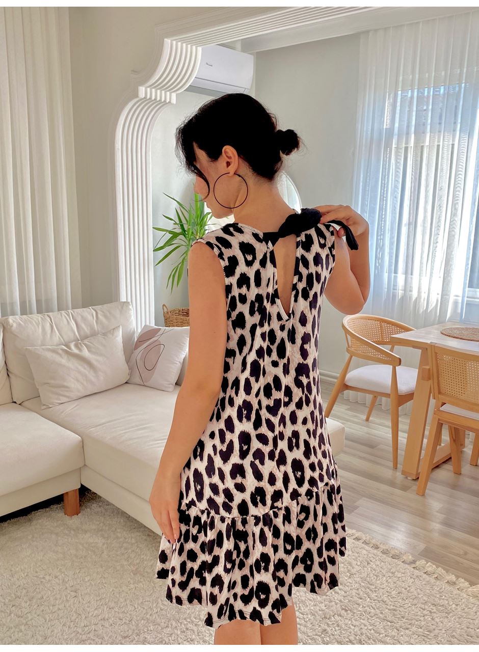 Kadın Kolsuz Sırttan Bağlamalı Fırfırlı Leopar Desenli Süprem Elbise