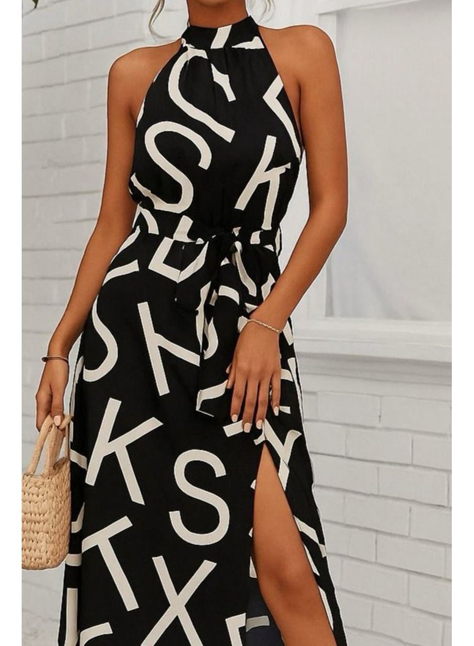 Kadın Omuzlardan Açık Halter Yakalı Yırtmaçlı çiçek Desenli Süprem Elbise