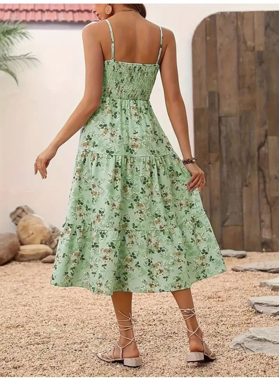 Kadın Ip Askılı Geniş V Yakalı Desenli Uzun Süprem Elbise