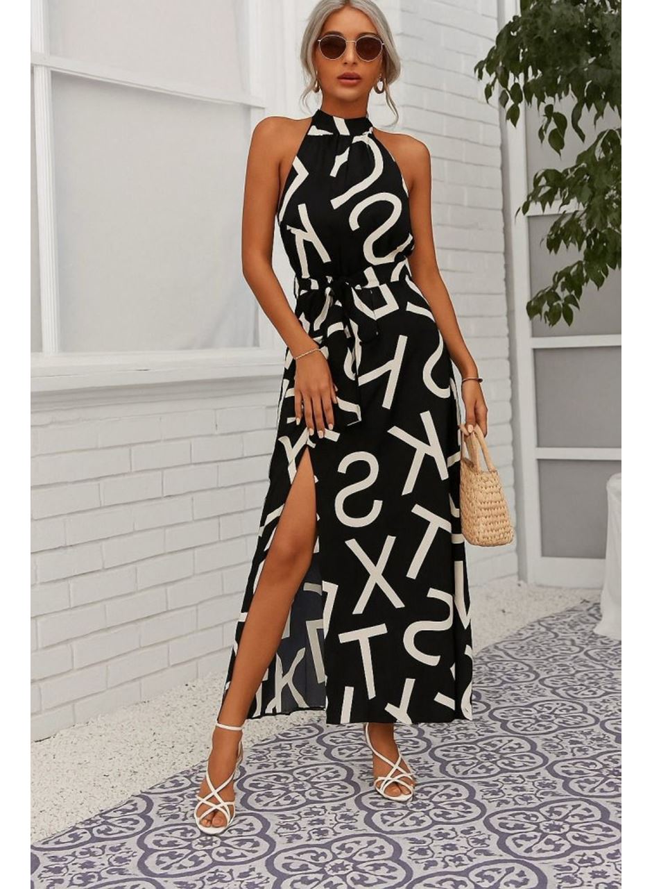 Kadın Omuzlardan Açık Halter Yakalı Yırtmaçlı çiçek Desenli Süprem Elbise