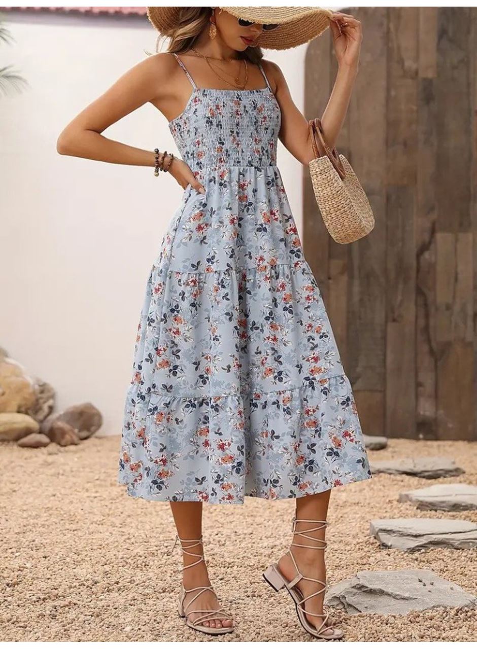 Kadın Ip Askılı Geniş V Yakalı Desenli Uzun Süprem Elbise