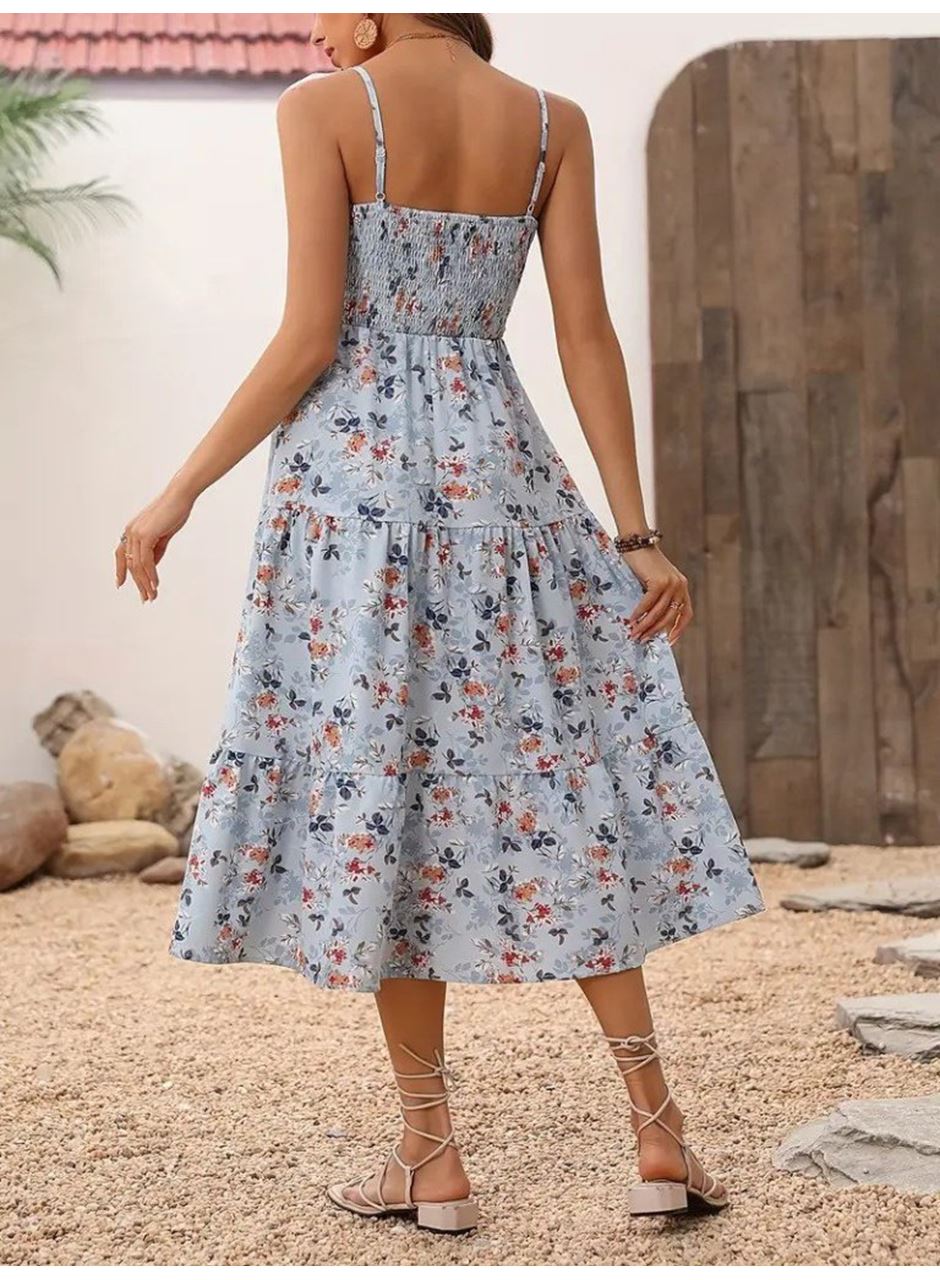 Kadın Ip Askılı Geniş V Yakalı Desenli Uzun Süprem Elbise