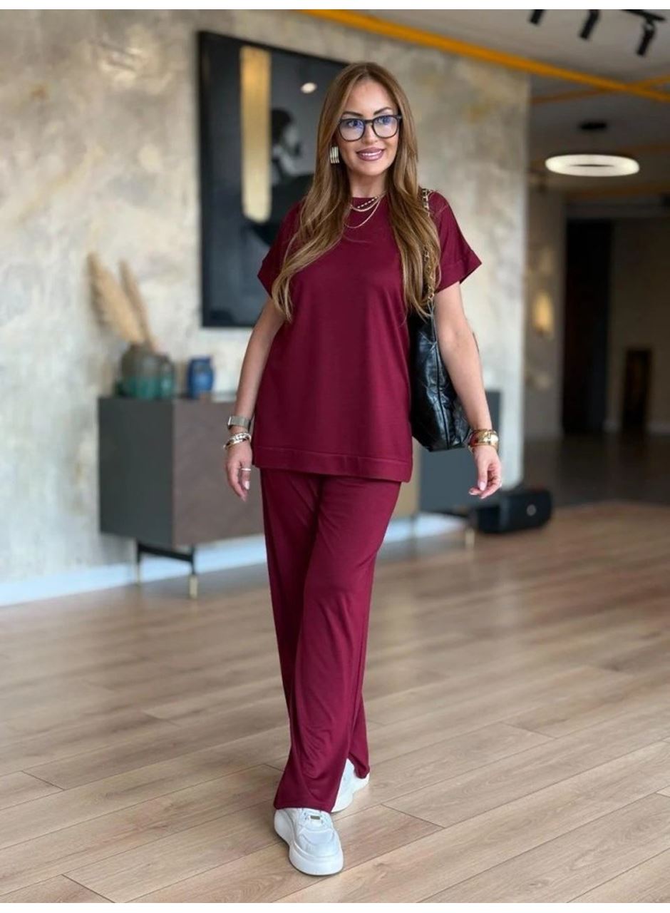 Kadın Kısa Kollu Bisiklet Yaka Viskon Iki Iplik Bluz Ve Pantolon Ikili Takım