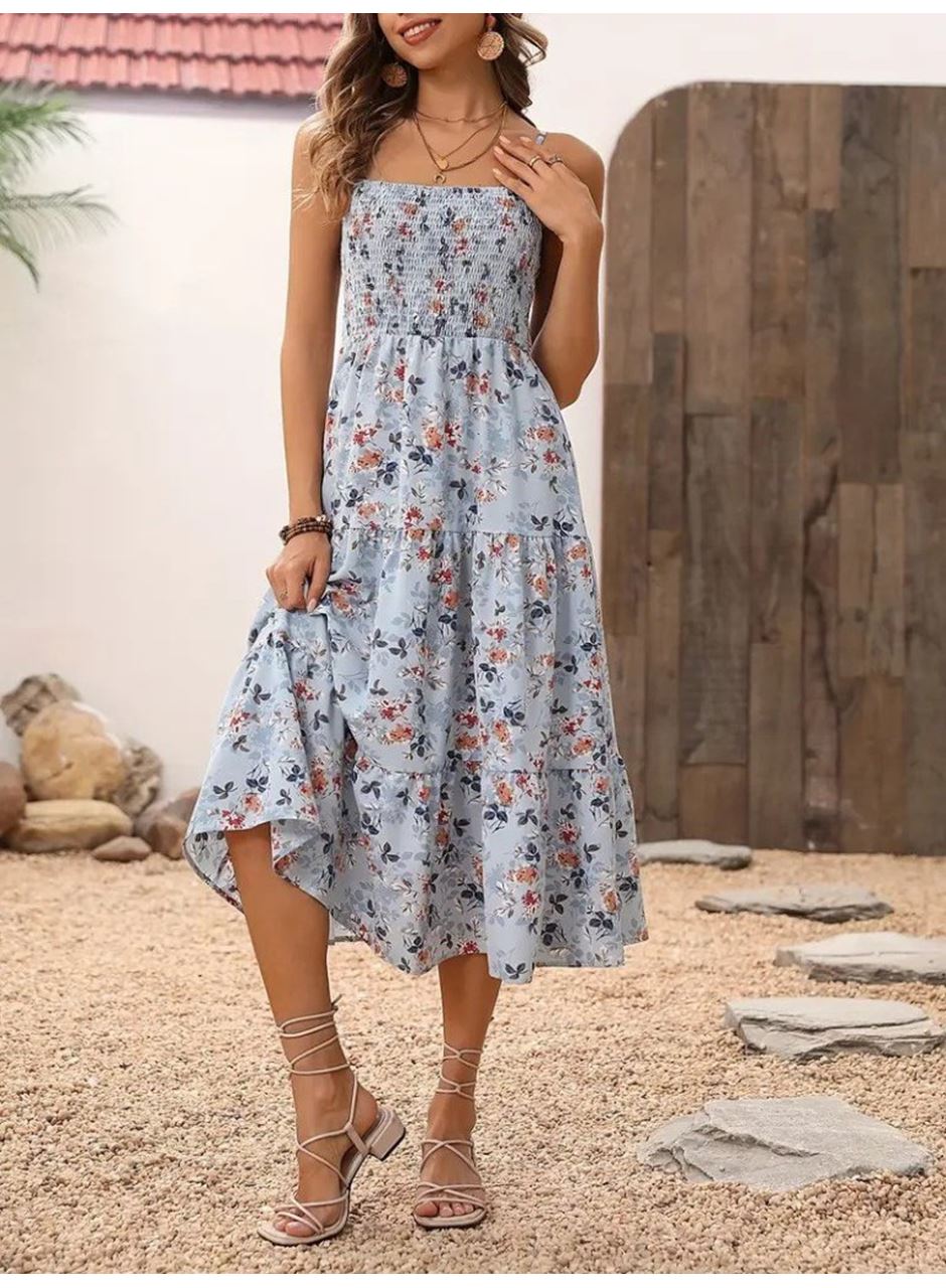 Kadın Ip Askılı Geniş V Yakalı Desenli Uzun Süprem Elbise