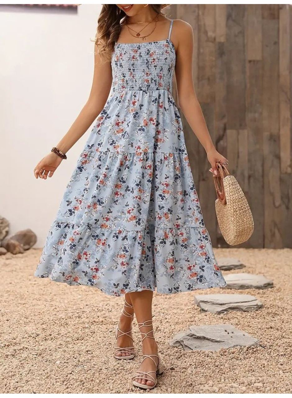 Kadın Ip Askılı Geniş V Yakalı Desenli Uzun Süprem Elbise