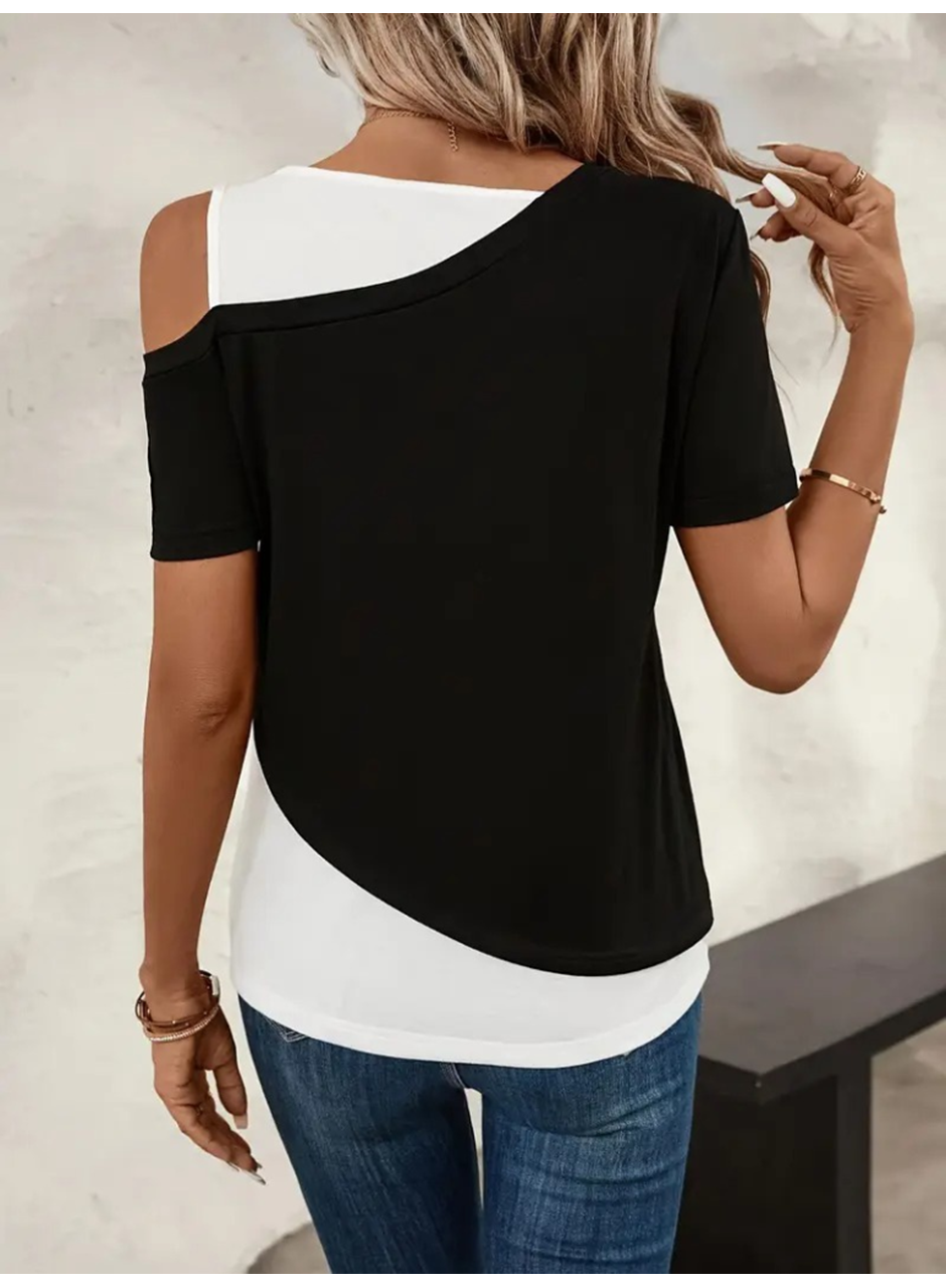 Kadın Kısa Kollu Geometrik Kesin Detaylı çift Renkli Viskon Bluz