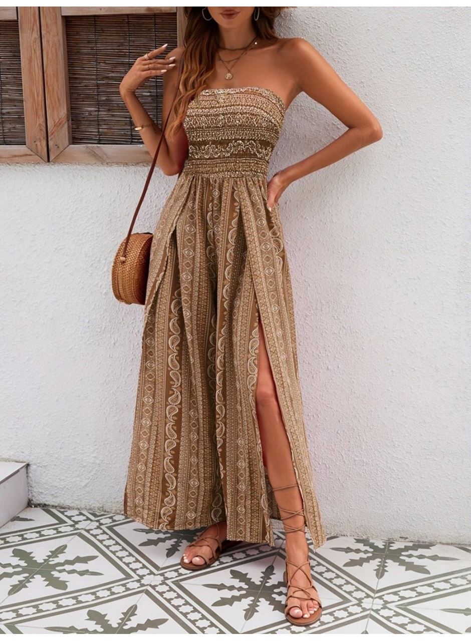 Kadın Yakası Gipe Detaylı önden Yırtmaç Detaylı Desenli Süprem Pantolun Etek Tulum