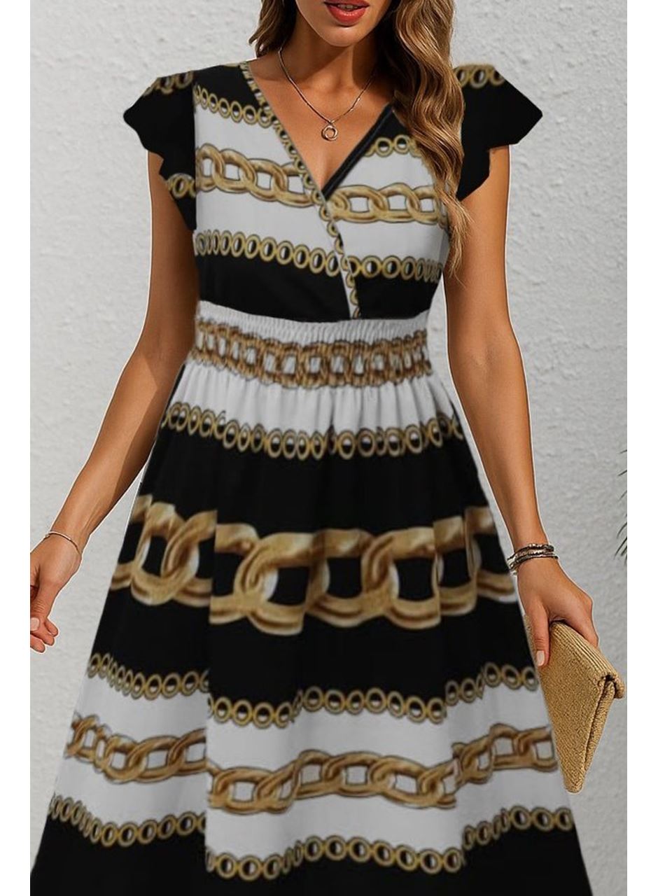 Kadın Kısa Kollu Kruvaze Yakalı Beli Lastikli Desenli Maksi Boy örme Krep Elbise