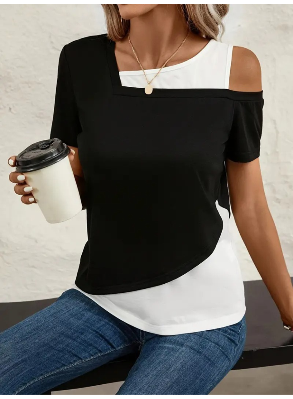 Kadın Kısa Kollu Geometrik Kesin Detaylı çift Renkli Viskon Bluz