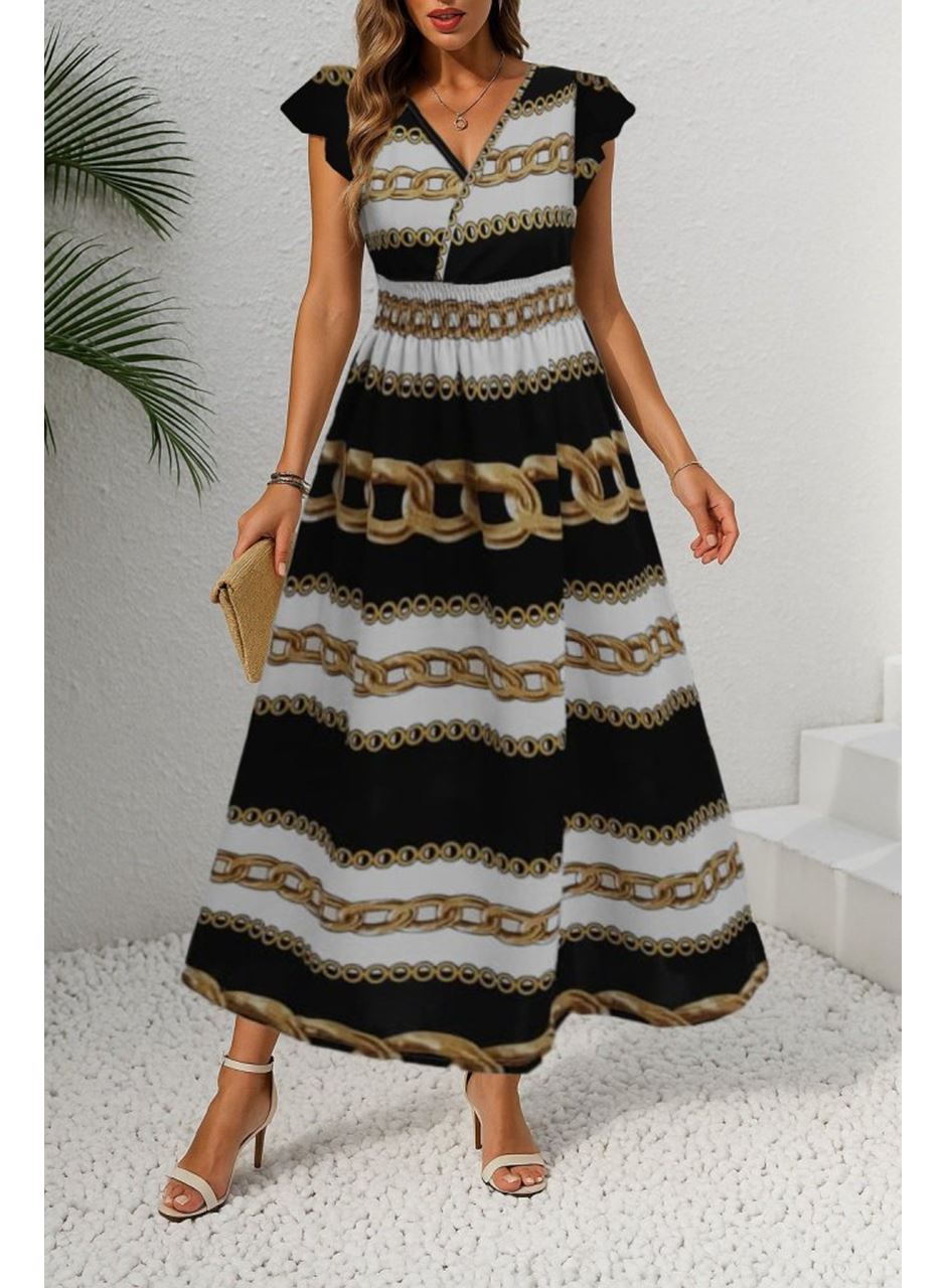 Kadın Kısa Kollu Kruvaze Yakalı Beli Lastikli Desenli Maksi Boy örme Krep Elbise