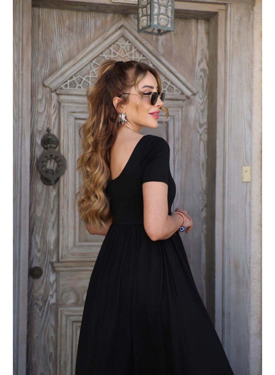 Kadın Kısa Kollu Yuvarlak Yaka önden Yırtmaçlı Cepli Viskon Uzun Elbise