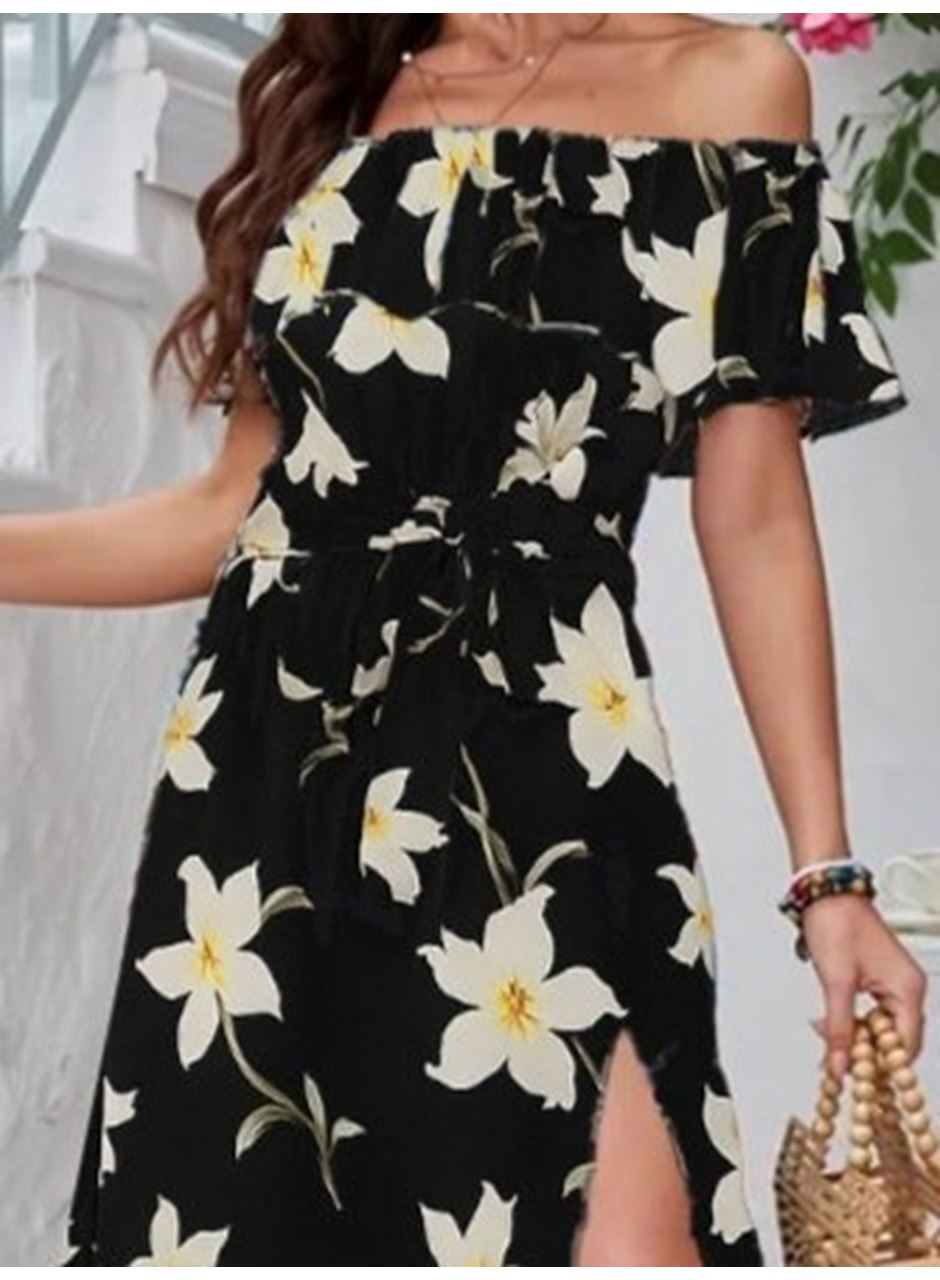 Kadın Kısa Kollu Madonna Yaka Fırfırlı Belden Yırtmaçlı Maksi örme Krep Elbise