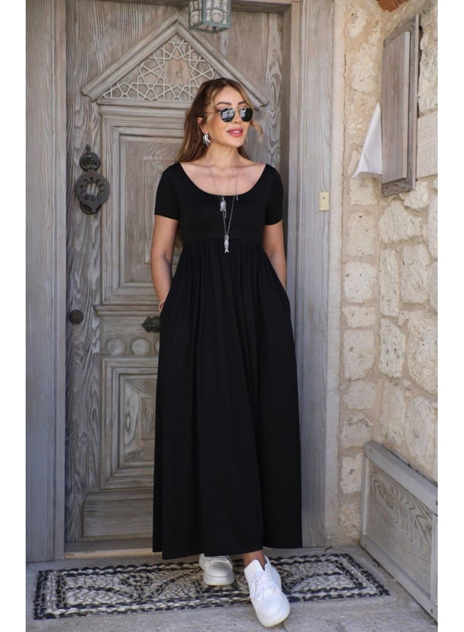 Kadın Kısa Kollu Yuvarlak Yaka önden Yırtmaçlı Cepli Viskon Uzun Elbise