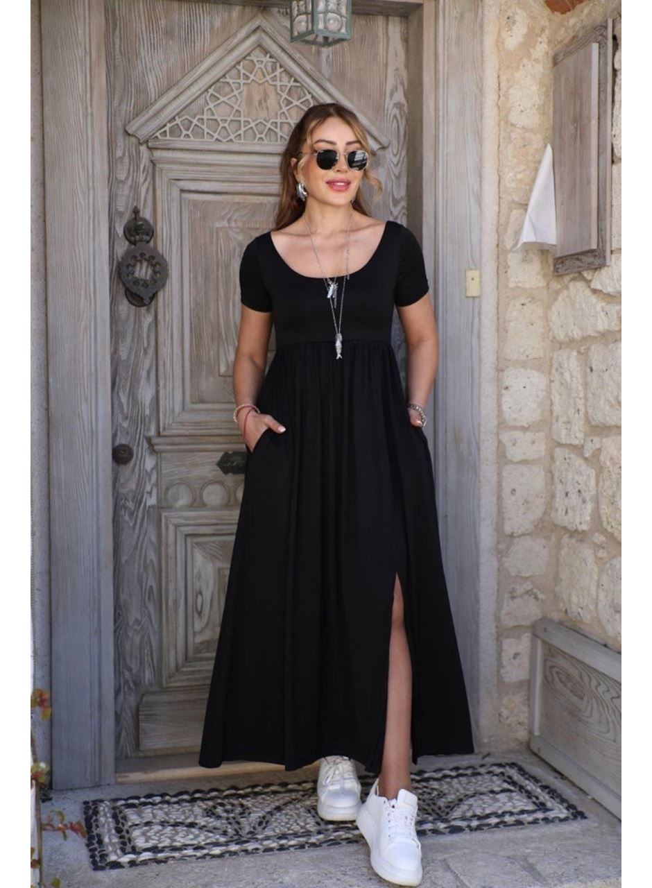 Kadın Kısa Kollu Yuvarlak Yaka önden Yırtmaçlı Cepli Viskon Uzun Elbise