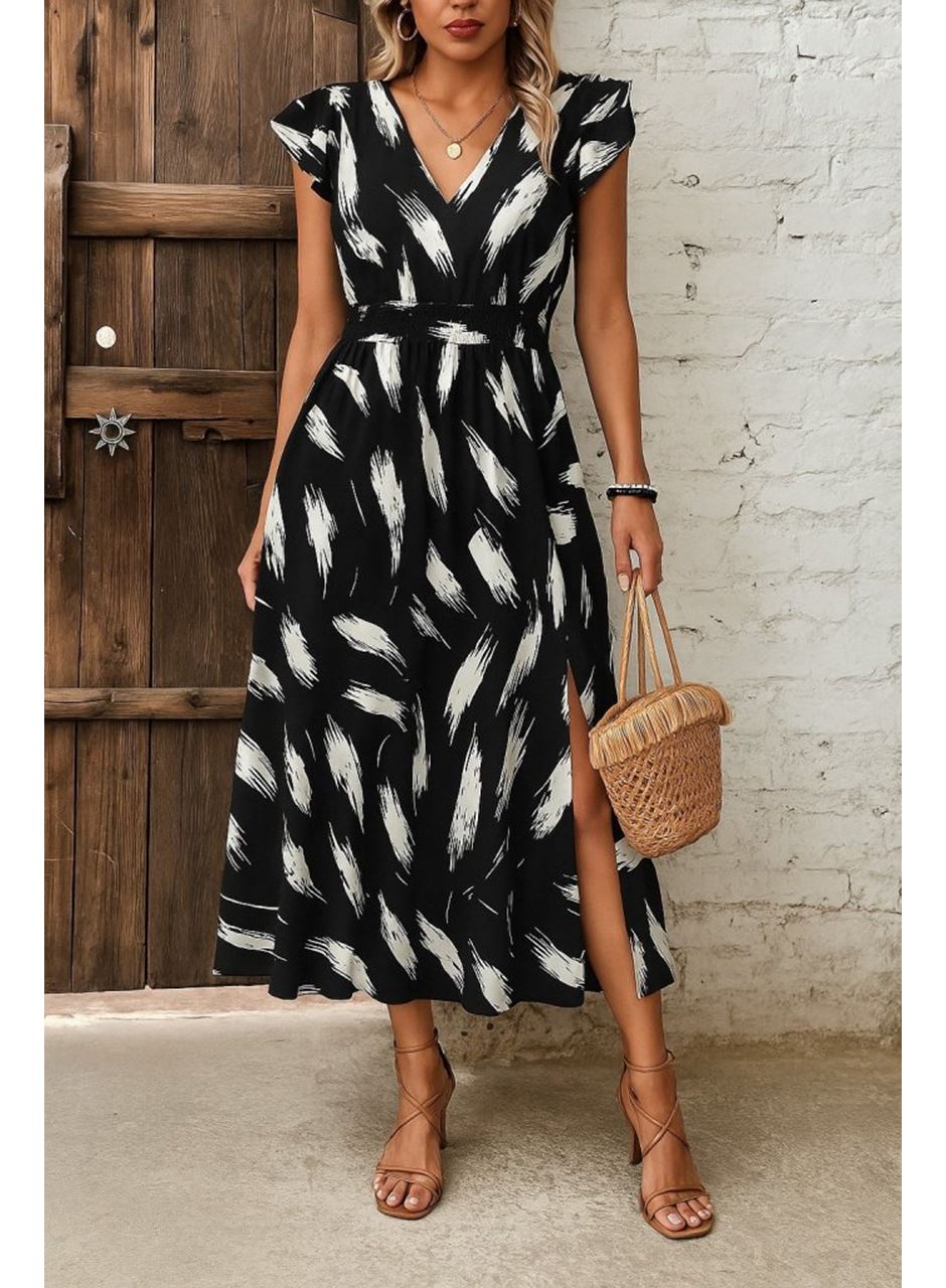 Kadın Kısa Kollu V Yakalı Desenli Yandan Yırtmaçlı Süprem Elbise