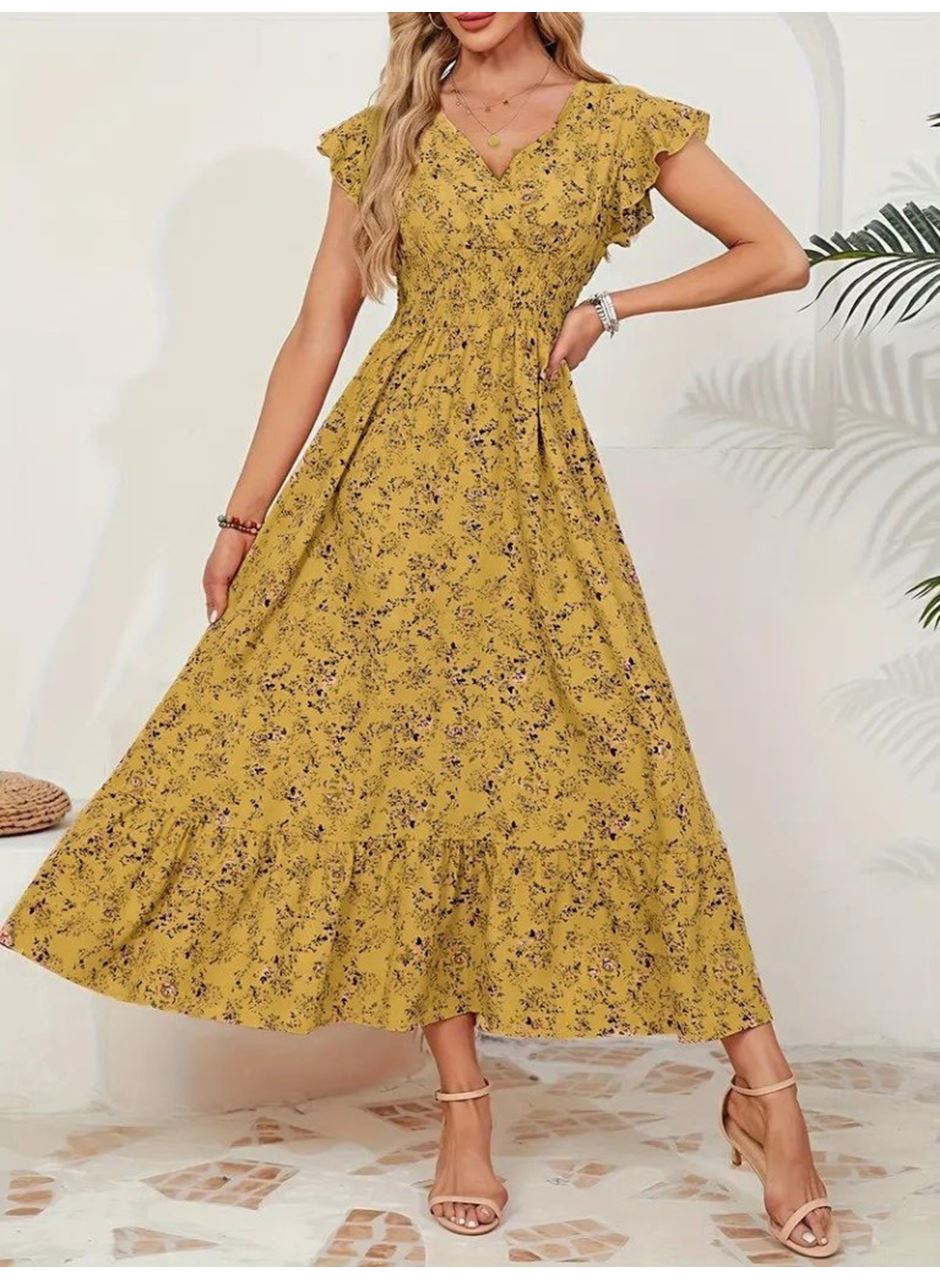 Kadın Kısa Kollu Kruvaze Yaka Beli Lastikli çiçek Desenli Elbise